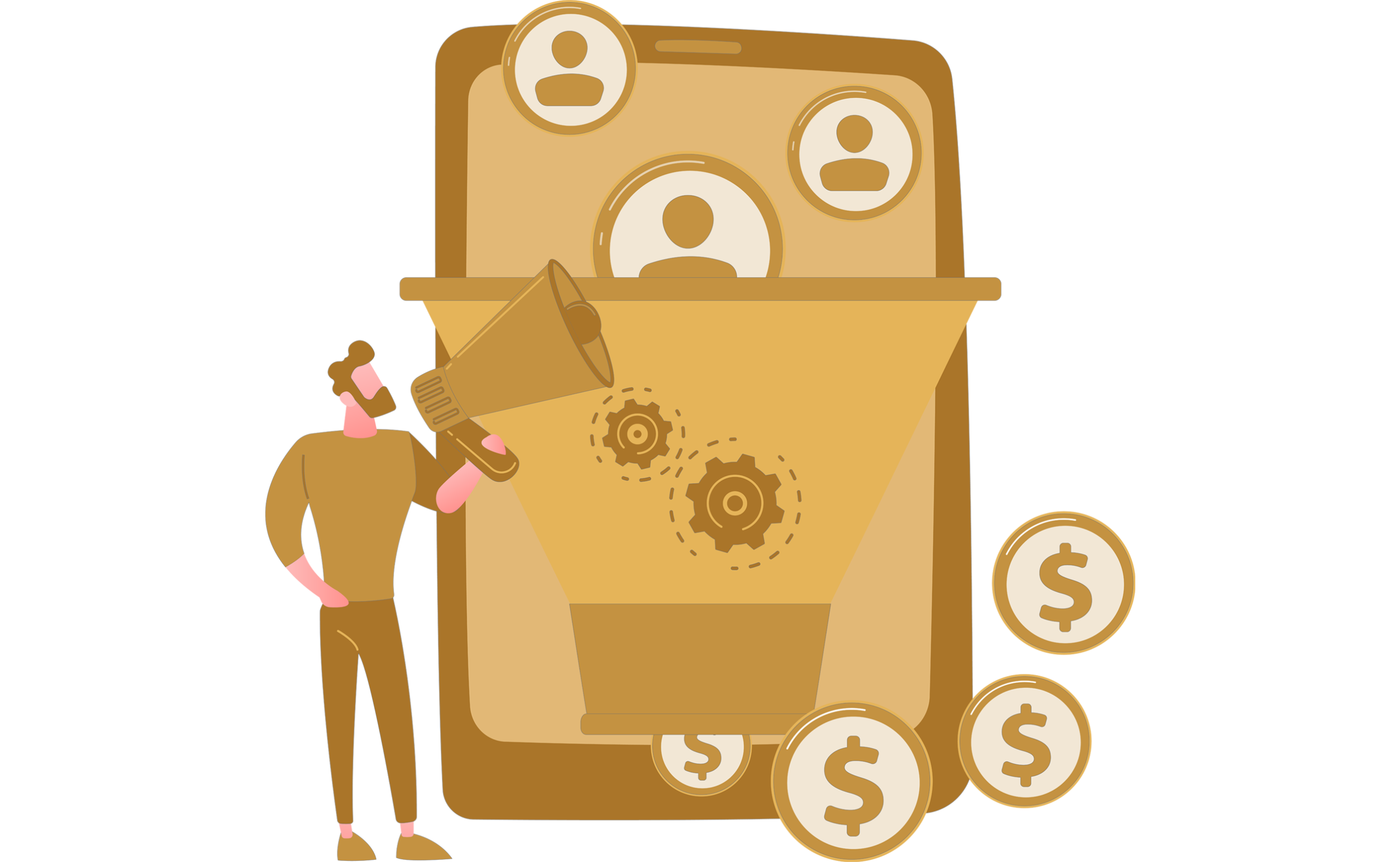 Illustration of a person with a megaphone beside a funnel and dollar coins.