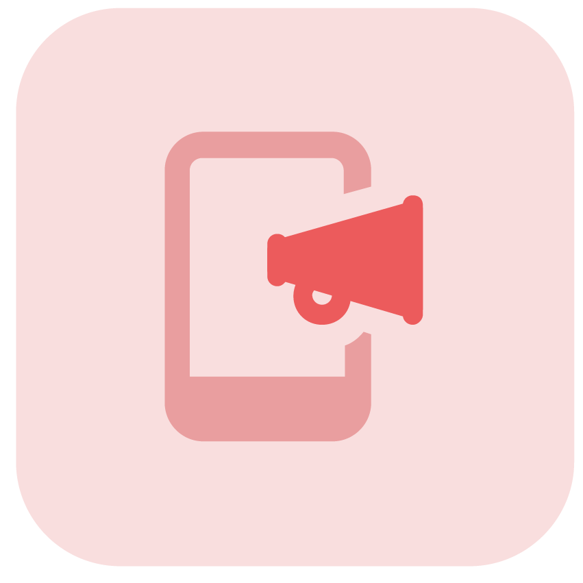 Red megaphone icon over a smartphone outline on a light pink rounded background.