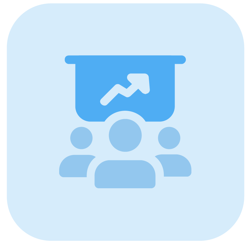 Icon of three people with an upward graph on a presentation screen behind them.