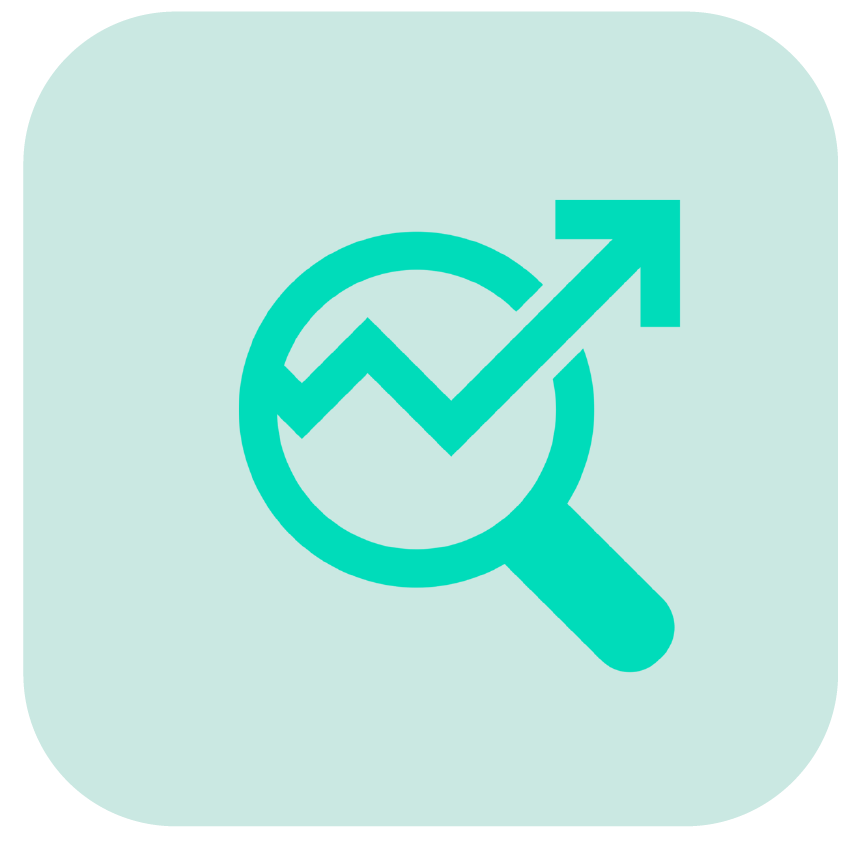 Magnifying glass with upward arrow, symbolizing data analysis or growth tracking.