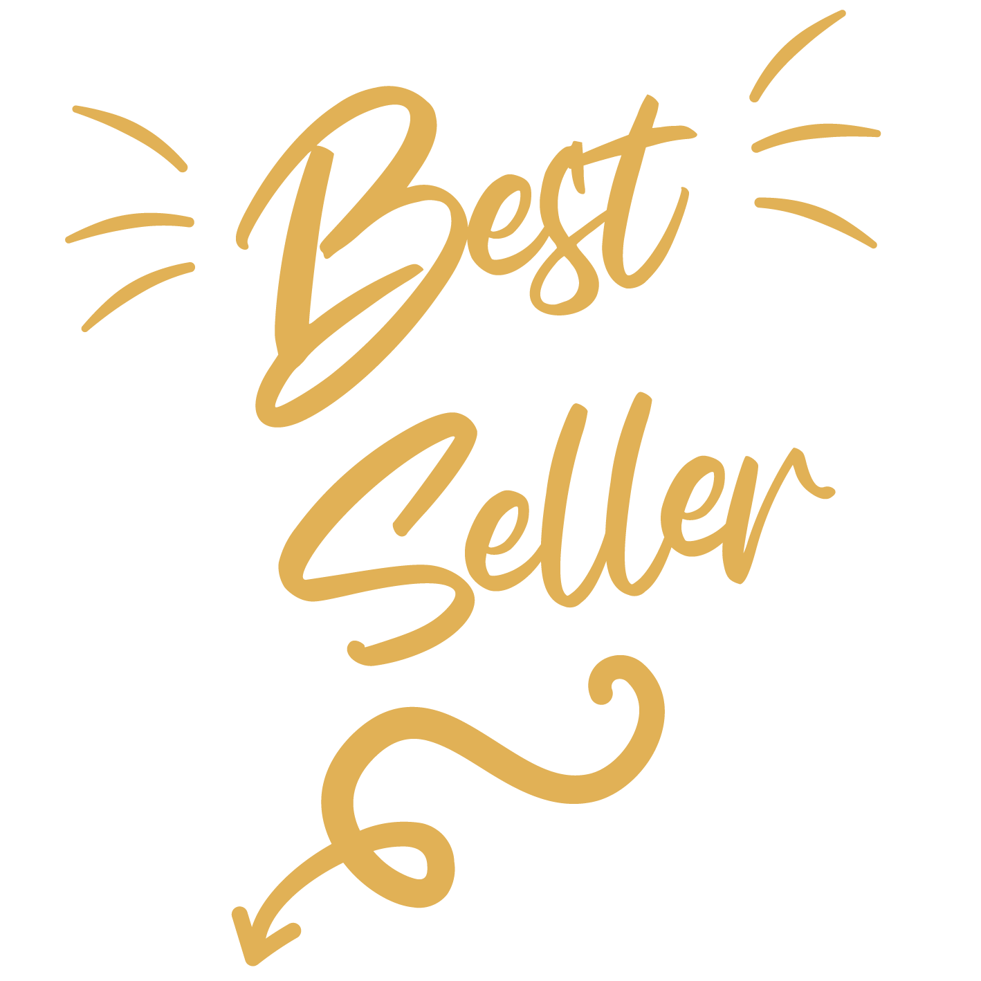Yellow handwritten Best Seller text with decorative lines and a curvy arrow.