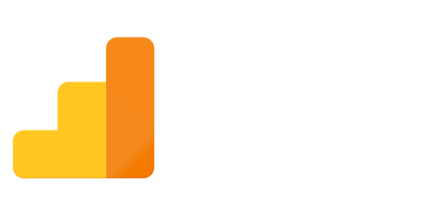 Google Analytics logo with orange bar chart icon and white text on transparent background.