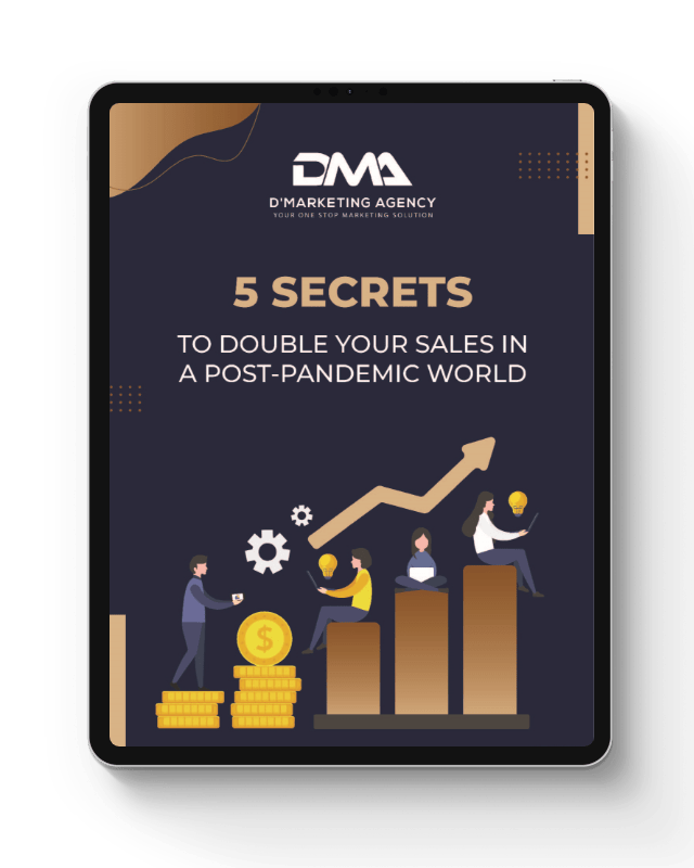 Tablet screen showing 5 Secrets to Double Your Sales in a Post-Pandemic World cover.
