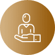 White outline of a hand holding a person icon on a gold circular background.