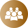 Icon of five white, faceless people on a brown circular background.