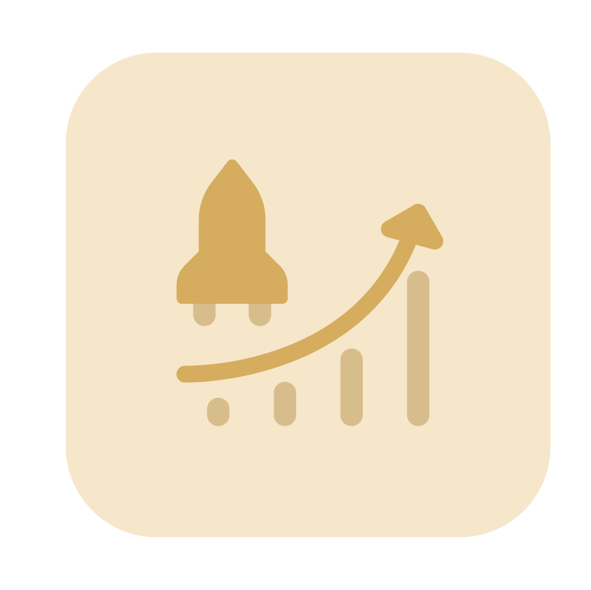 Icon of a rocket launching next to an upward trending bar graph with arrow.