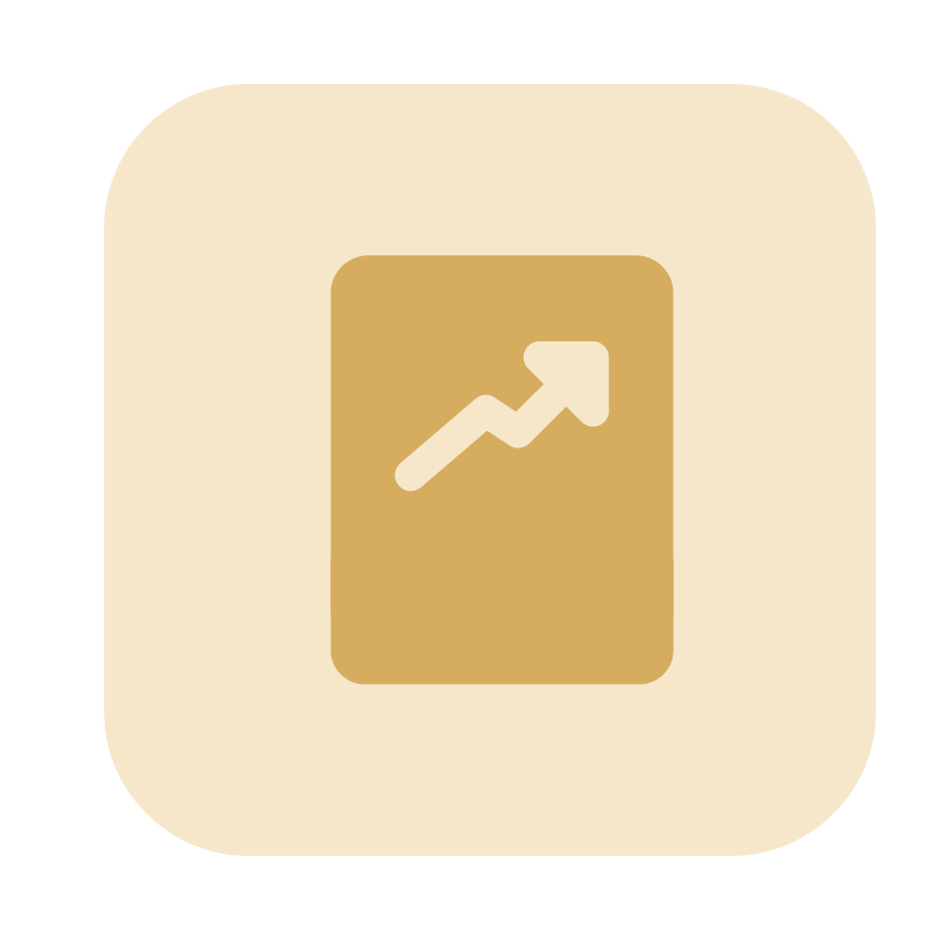Yellow upward trending arrow on a rectangular card, set on a beige rounded square.
