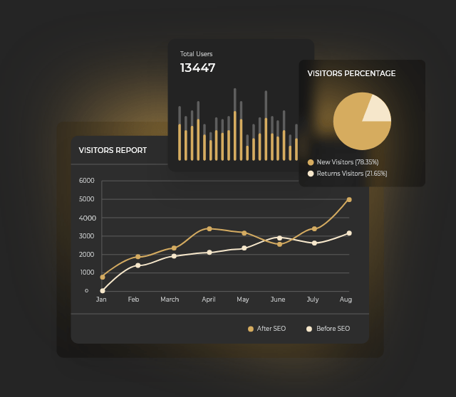 Dark-themed dashboard showing visitor statistics, graphs, and a pie chart analysis.