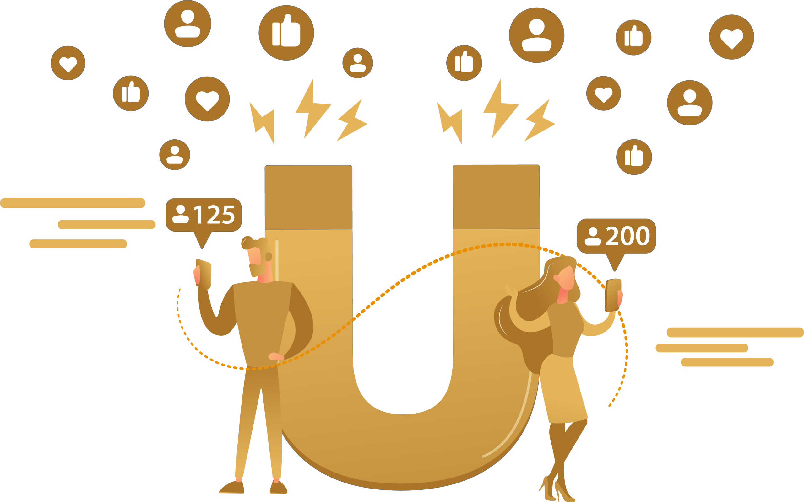Two people with smartphones stand by a magnet attracting social media icons.