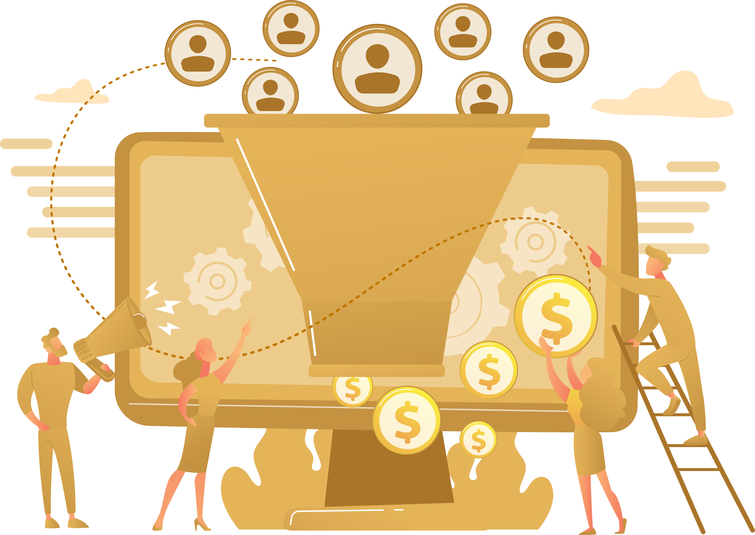 People working around a large golden sales funnel and computer screen with money symbols.