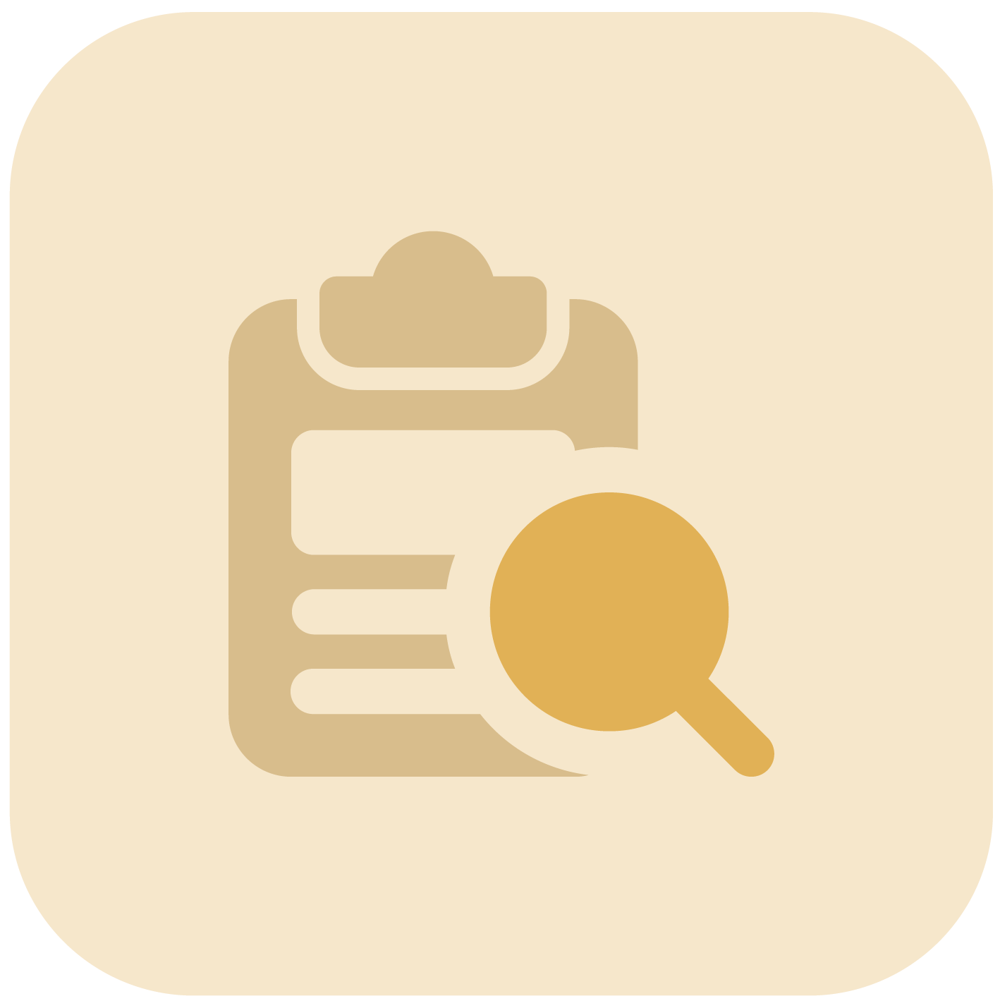 Clipboard icon with a magnifying glass over it on a beige background.
