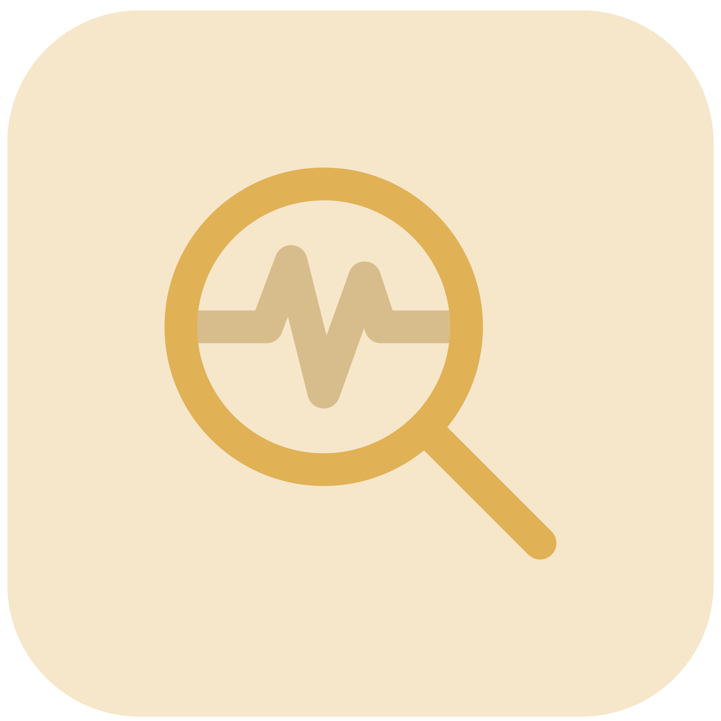 Magnifying glass with a heartbeat line inside on a beige rounded square background.