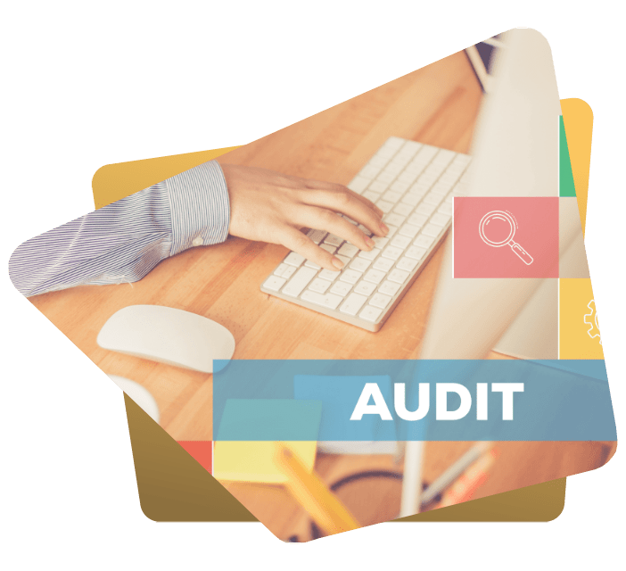 Illustration representing an SEO audit of a website with charts and a magnifying glass.