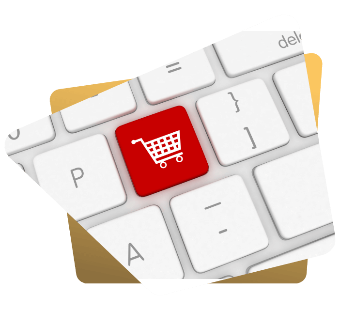 Illustration representing ecommerce SEO services for online stores with search and shopping icons.