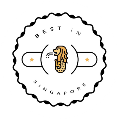 Circular badge with a Merlion icon and the text Best in Singapore.