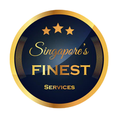 Gold and navy badge reading Singapores Finest Services with three stars above.