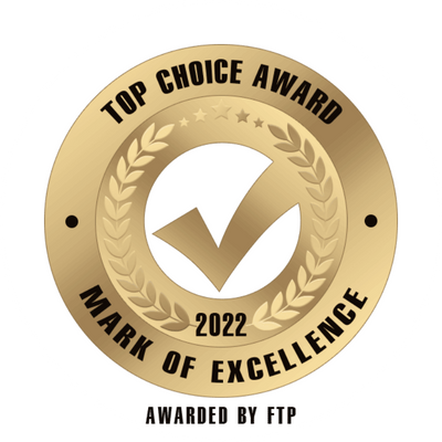 Gold Top Choice Award 2022 Mark of Excellence medal with a checkmark.