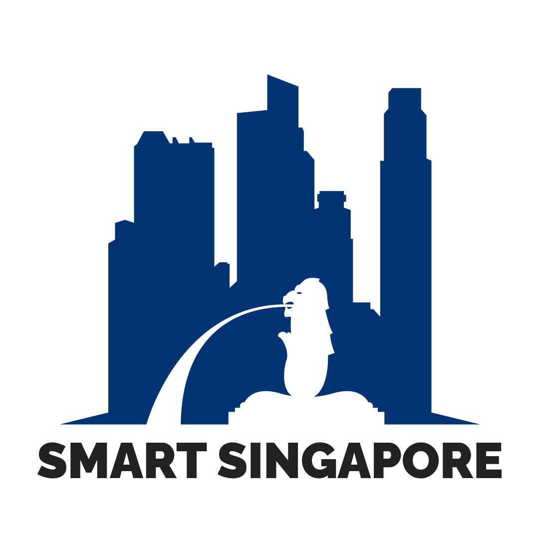 Blue Singapore skyline with Merlion statue and text SMART SINGAPORE below.