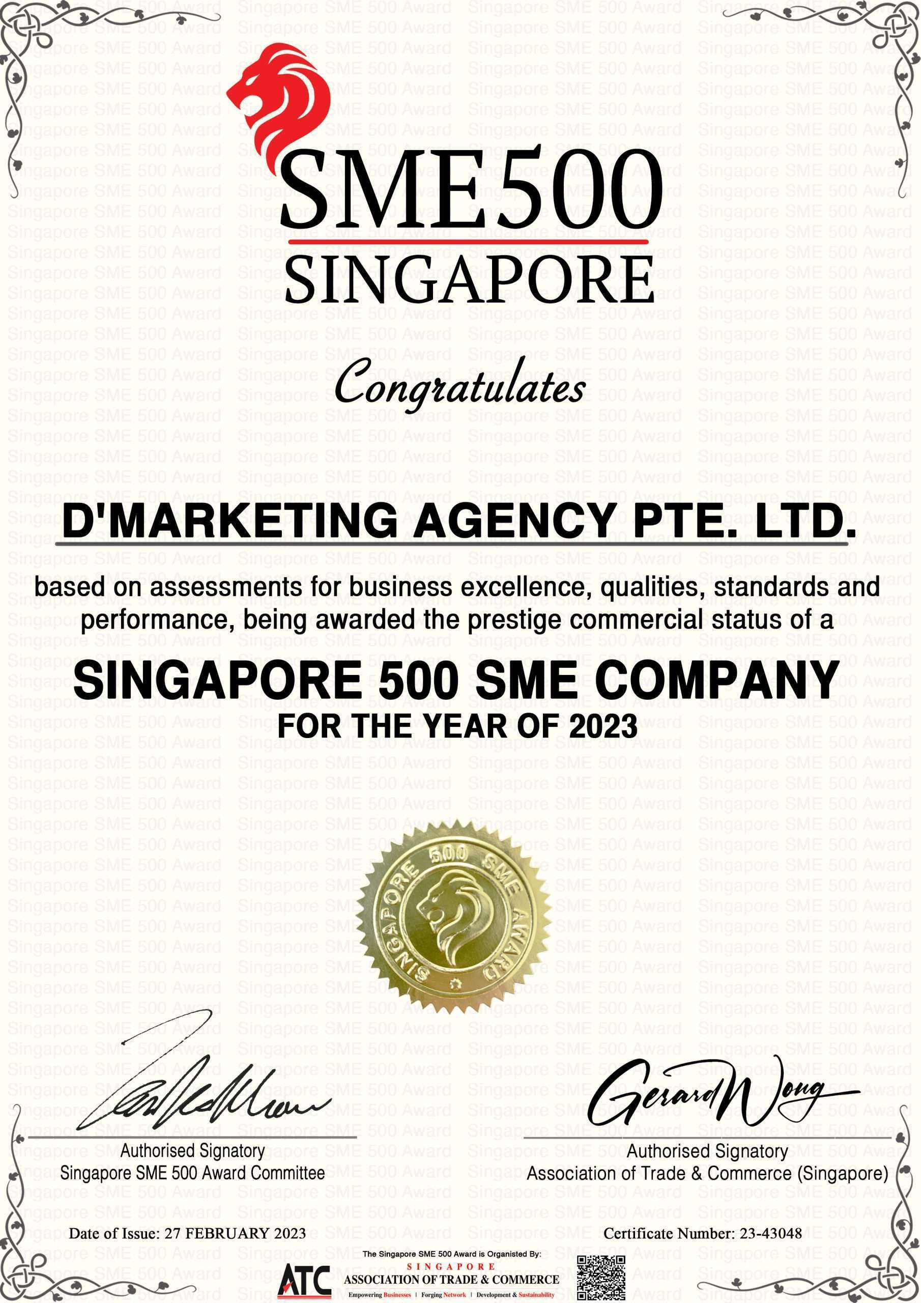Certificate awarding DMarketing Agency Pte. Ltd. SME500 Singapore 2023.