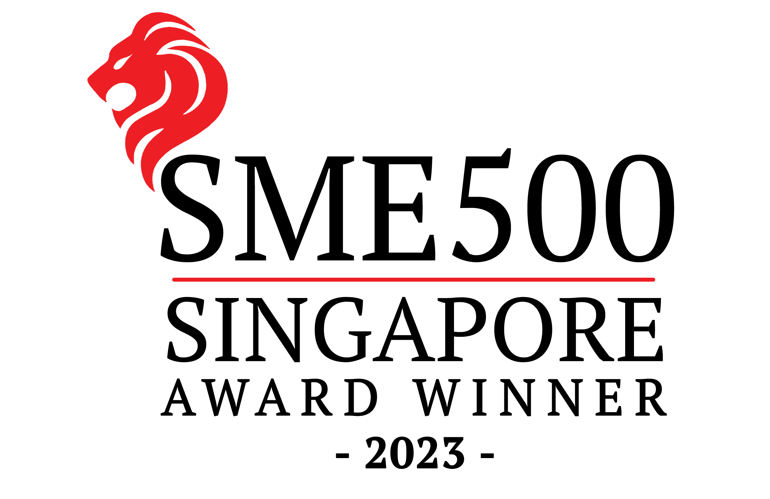 SME500 Singapore Award Winner 2023 logo with a red lion head.